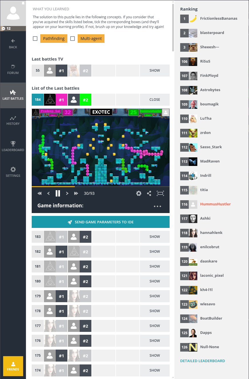 A screenshot of recent CodinGame SnakeByte match results.