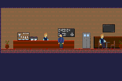 Gameplay image: The player standing at the cafe in the ship.